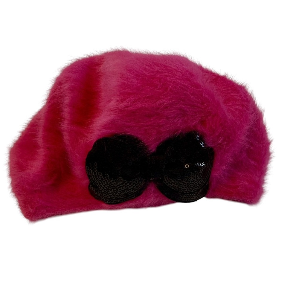 NWOT Betseyville Betsey Johnson Angora Rabbit Pink Sequined Bow Beret Vintage